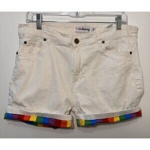 Pride Bunny White Denim Shorts Rainbow Cuff Pride Stretch Women’s EUR 36 US 4